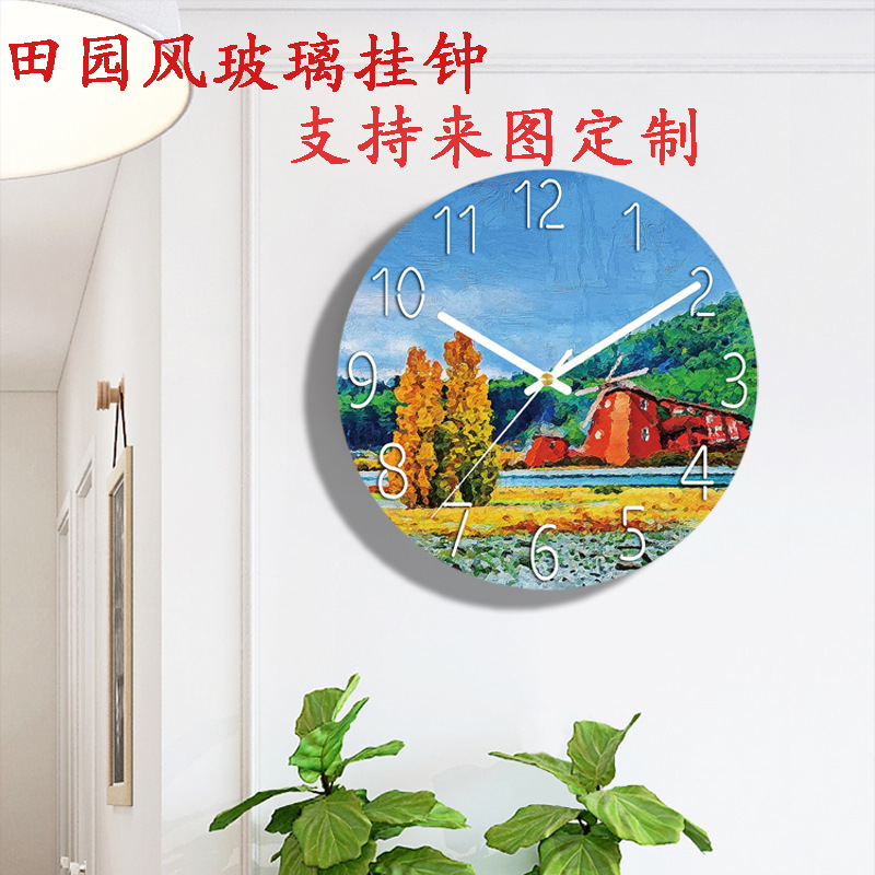 网红田园风玻璃挂钟客厅家用挂表卧室静音时钟创意油画装饰石英钟