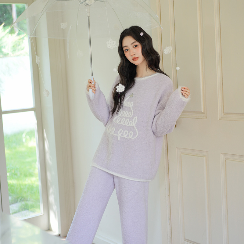 Soft pajamas for women in autumn and winter, with a bow and ruffled hem, slightly flared pants, thickened for warmth, and suitable for wearing outside as Korean-style loungewear