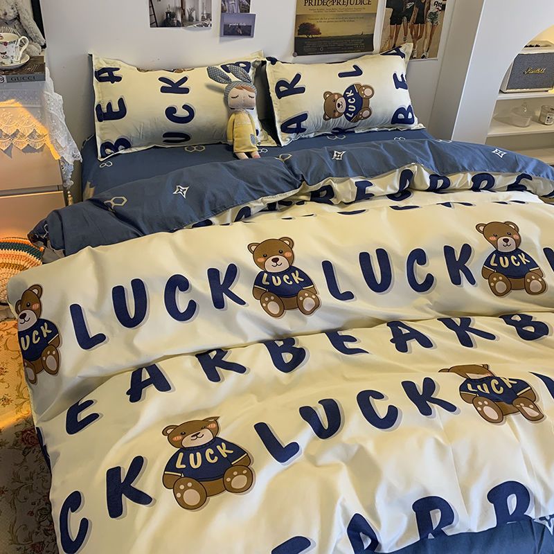 Korean Style Cartoon Letter Bear Student Dormitory Bed Bed Sheets Quilt Cover Three-Piece Set Cute Kidsren's Bedding Four-Piece Set