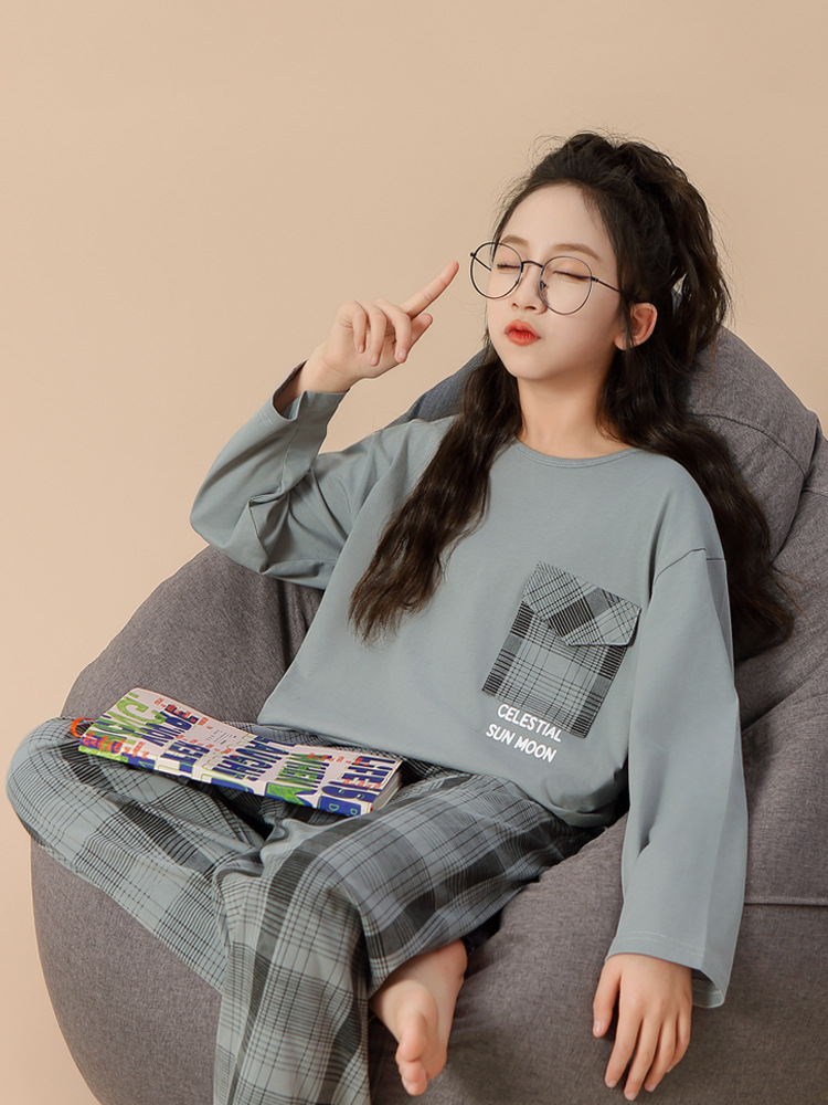 Nueva primavera y otoño algodón de manga larga para niñas estudiantes de niños mayores 100% algodón conjunto de ropa de casa a rejilla