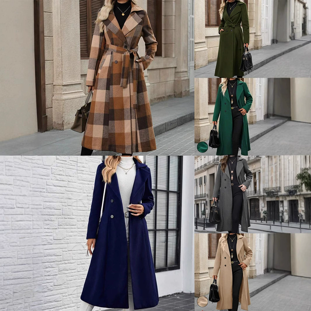 Европейская и американская Amazon трансграничная внешняя торговля новый лацканный шерстяной шнуровка двубортный плюс длинное пальто пальто пальто женская ветровка