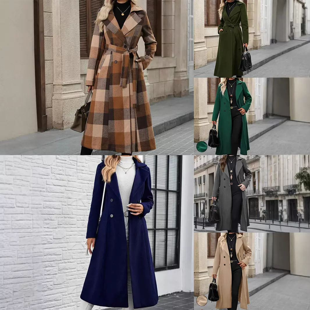 欧美亚马逊跨境外贸新款翻领毛呢系带双排扣加长款外套大衣女风衣