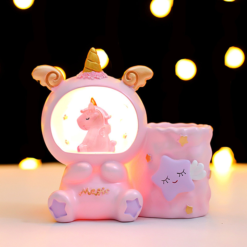 소녀의 마음 귀여운 만화 유니콘 저장 펜 나이트 라이트 창조적 인 수지 공예 펜 삽입 새해 선물