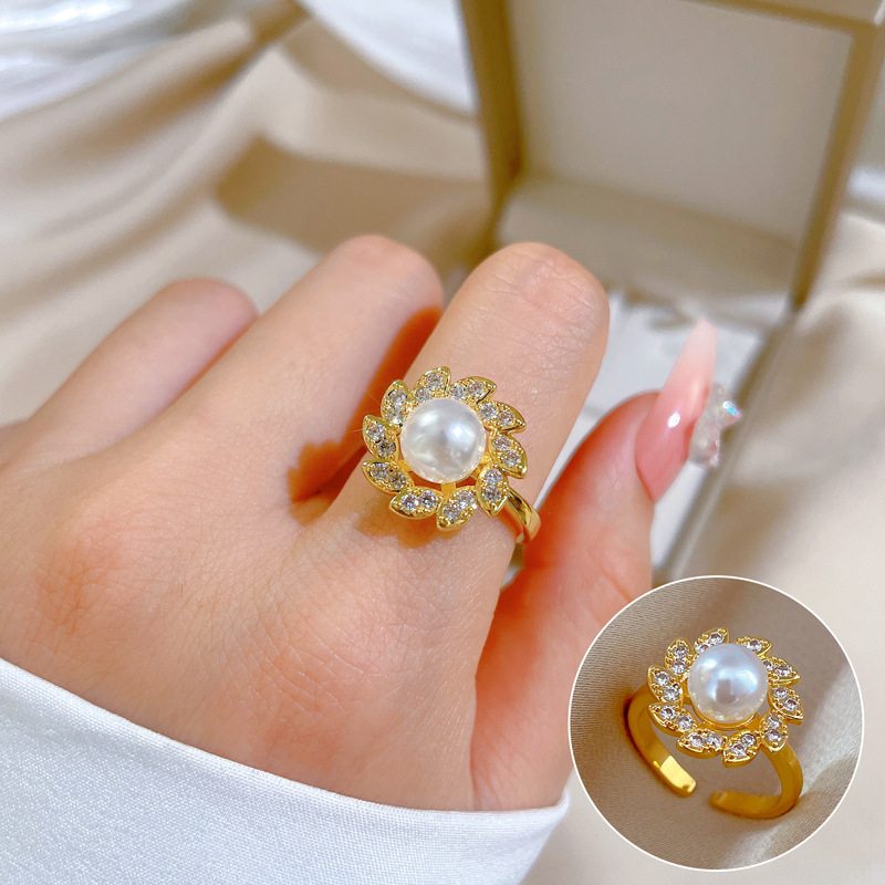 Fashion Flower Stainless Steel Brass Plating Inlay Pearl Zircon Womenu0027S Rings Necklace 1 Piece