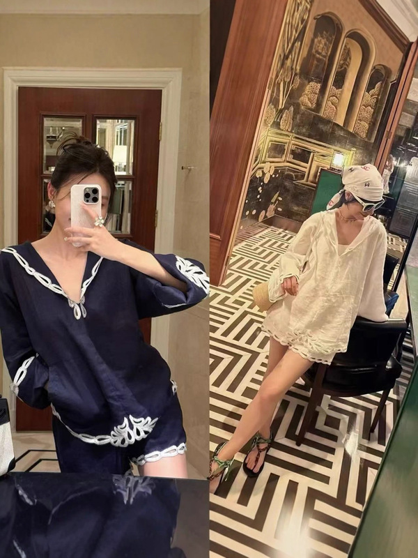 法式小众25秋冬新款度假风镂空刺绣宽松连帽衬衫+松紧腰短裤套装|undefined
