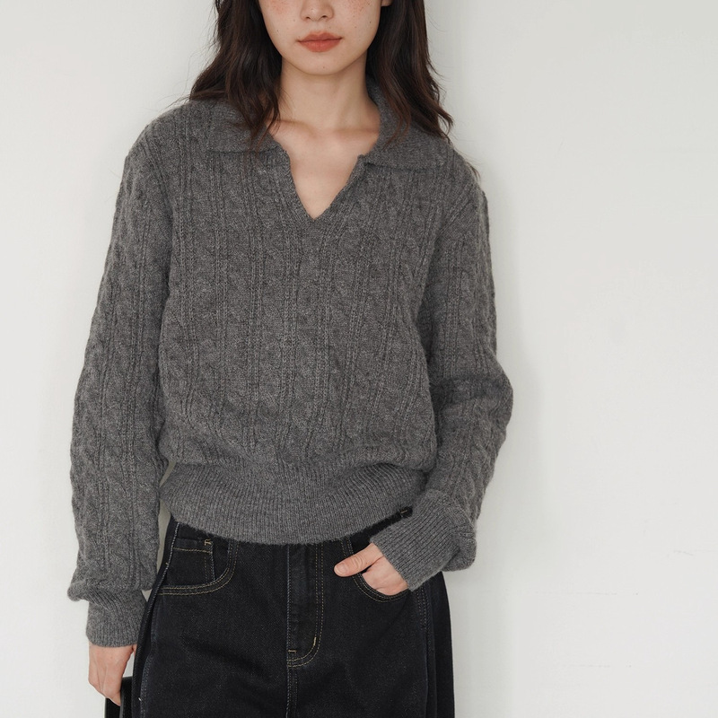 EIGHTHMONTH灰色polo领麻花毛衣女冬季宽松复古套头外穿针织上衣|undefined