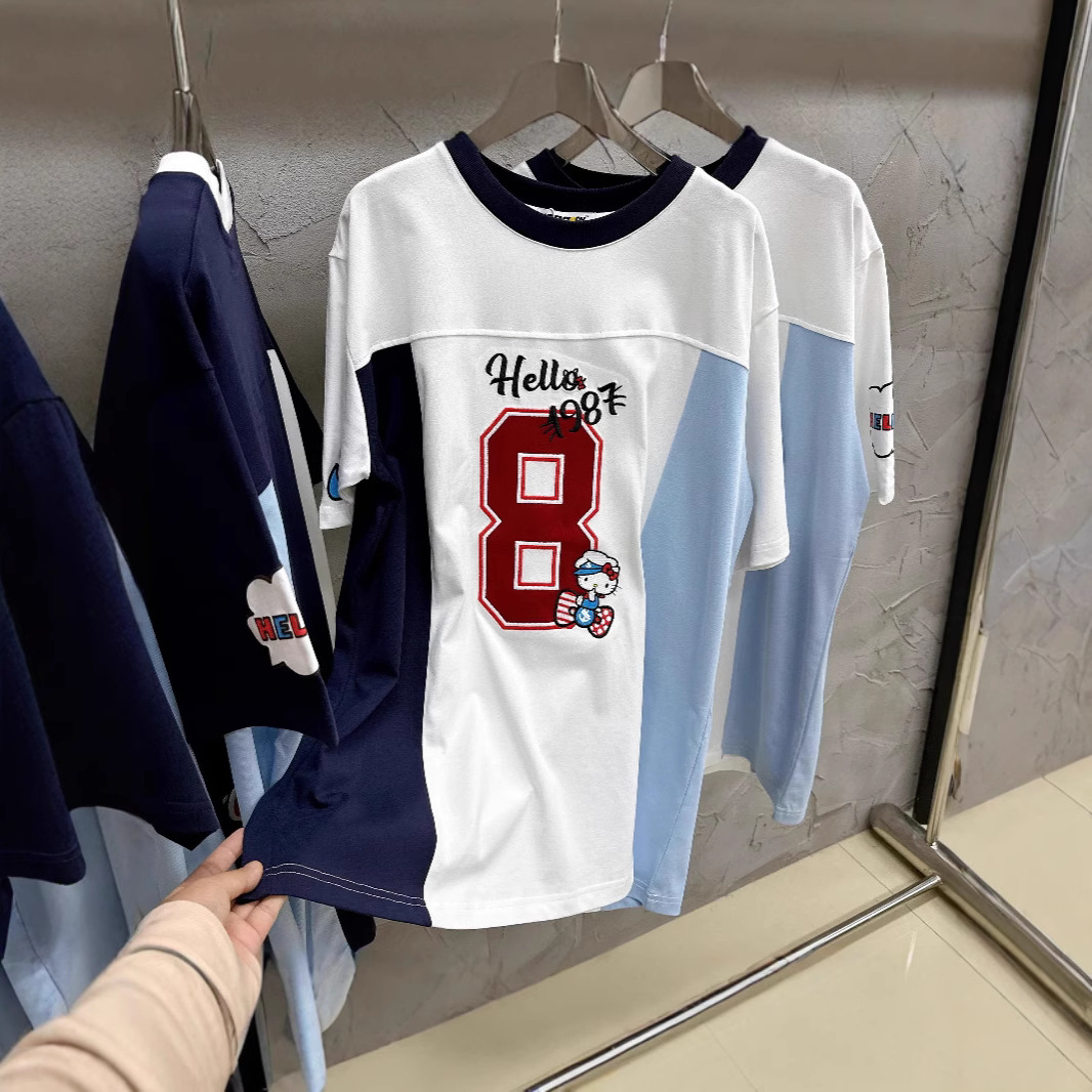 韓国版INSリラックスかわいい個性kitty8文字ジャージカラーブロック半袖Tシャツレディーストレンド