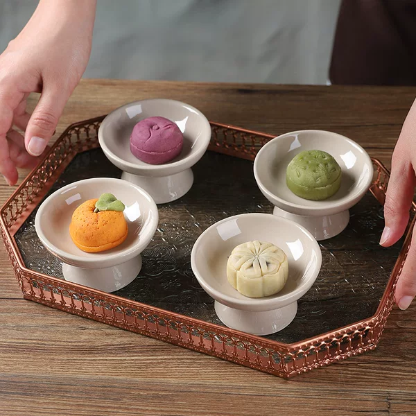 New Chinese Style Mini small size Refreshment Fruit Plate Household Snack Pastry Fruit Plate Ceramic Tall Tray Dried Fruit Plate