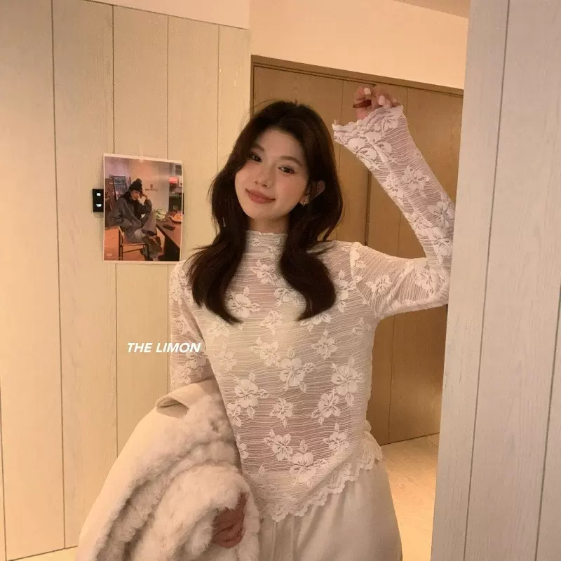 THE LIMON柠檬绿茶秋冬简约风重工修身显瘦百搭立领长袖蕾丝衫女