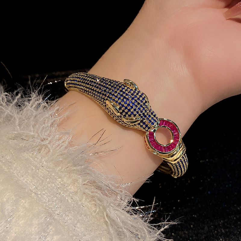 クロスボーダー新作ヒョウ柄18Kゴールドフルダイヤモンドジルコンカジアブレスレット女性用Amazon人気レトロファッションメッキ