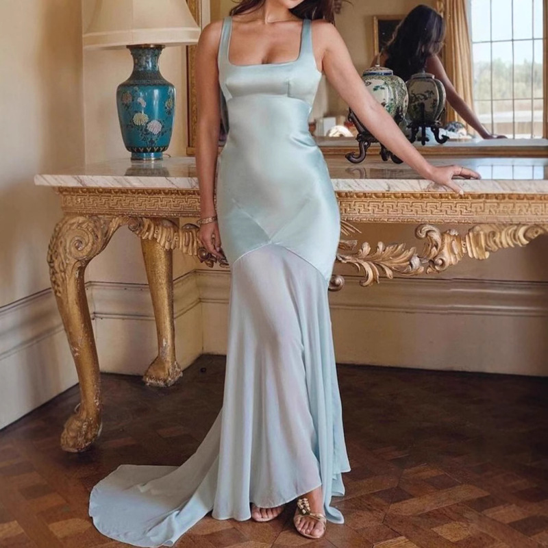 Women's Spring High-End Satin Chiffon Splicing Suspender Hip-Covering Dress Slim and Elegant Floor-Length Skirt