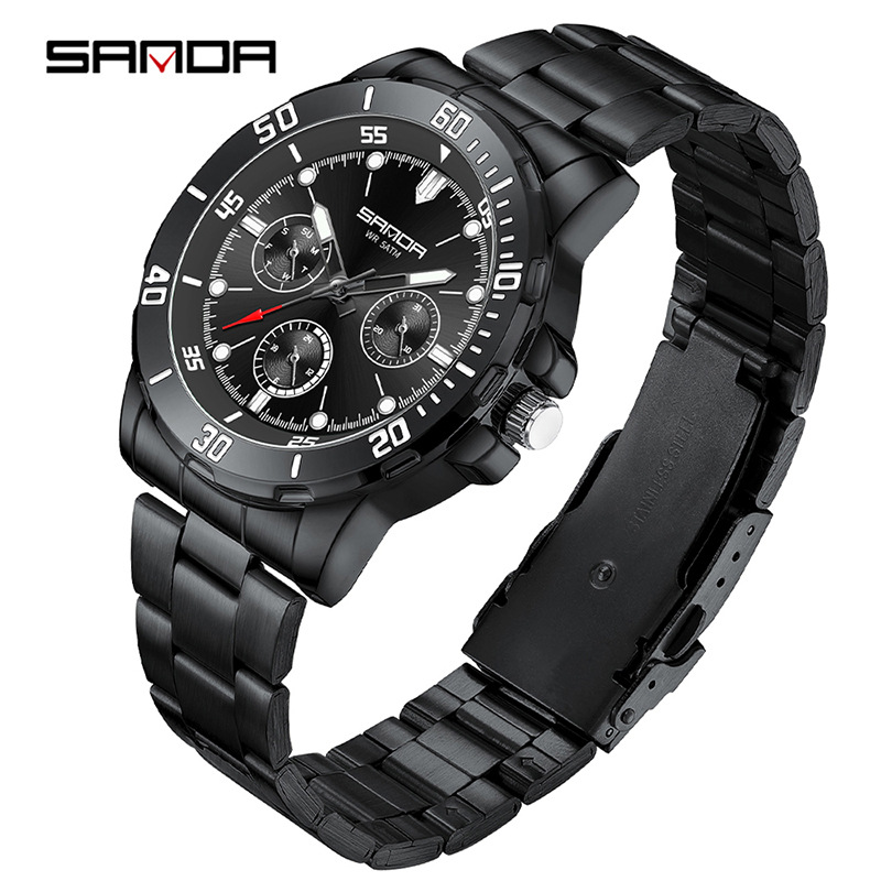 SANDA comercio exterior piel de camarón venta caliente reloj hombre de alta gama impermeable multifunción cronógrafo negocio acero con reloj de cuarzo para hombre