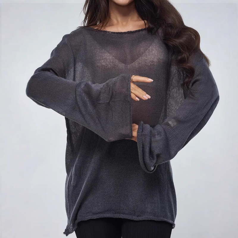 Cross-Border Cut Out Knitwear European and American 2025 Spring and Summer New Women's See-Through Thin Large Round Neck Bell Sleeve Knitted T-Shirt