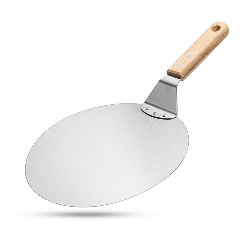 Fábrica directa de 10 pulgadas de acero inoxidable herramientas de cuchilla de pizza mango de madera gran pala redonda transferencia de pastel multifuncional image 5