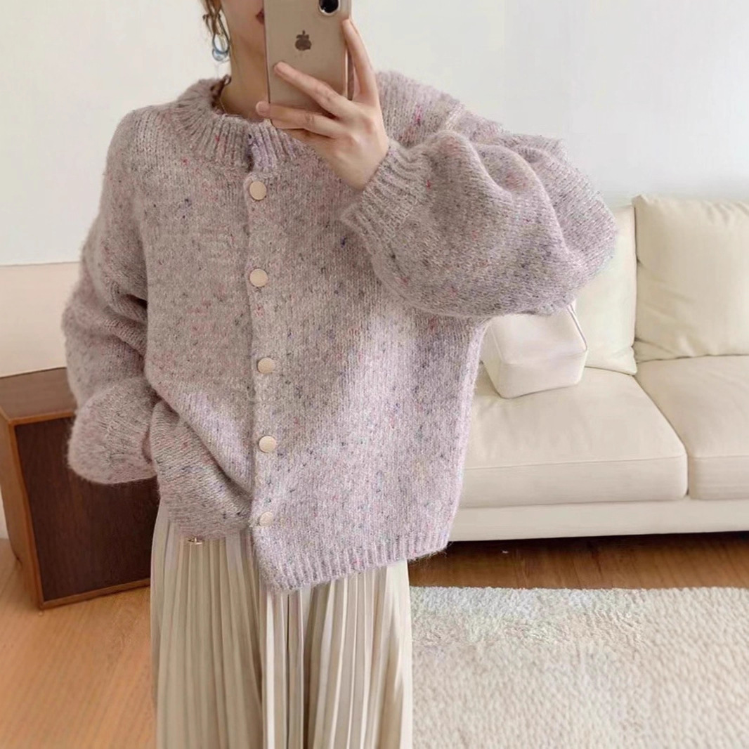 여성 라운드넥 루즈핏 보카시 니트 가디건 벌룬소매 데일리
