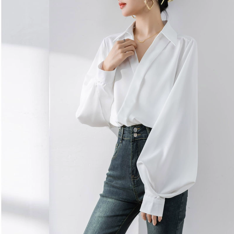Autumn retro shiffon shirt, flashlight, new collection, V-neckline