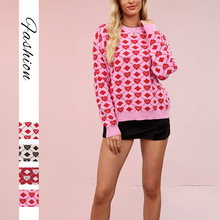 秋冬新款欧美外贸亚马逊跨境爱心毛衣情人节圆领套头大码桃心毛衣