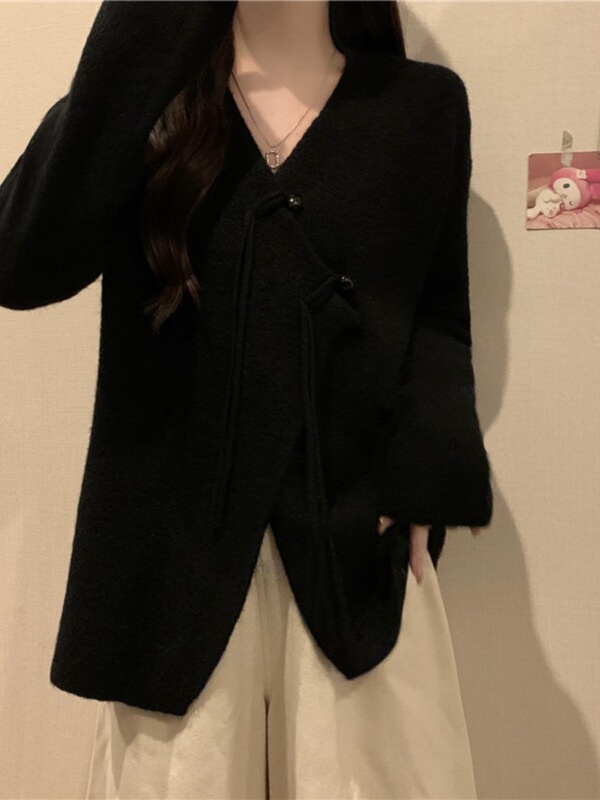 不规则软糯领毛衣开衫外套女秋冬微胖大码遮肚子宽松针织打底衫|undefined