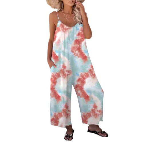 Women's Printed Sleeveless Bodysuit for Spring and Summer Fashion - Casual Long Pants with Bustier Top - One Size, Same Color