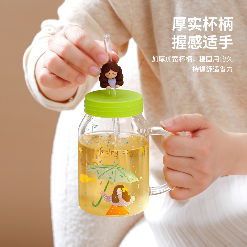 Retro Cute Oil Painting Girl High Borosilicate Glass Cup With Straw High-value Valentine's Day Gift Household Female Cup