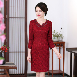Spring and Autumn Mother-In-Law Lace Beaded Heavywork Hollow Out Middle-Aged and Elderly Plus Size Wedding Banquet Toast Evening Dress Dropshipping