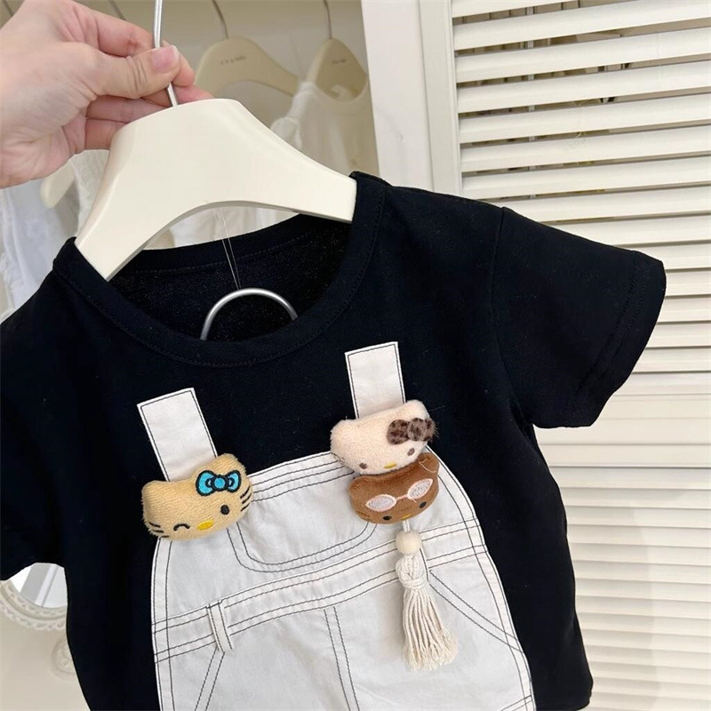 ¡Lindo crítico! Xianning Seven Summer Nuevo tesoro femenino coreano Falso de dos piezas con tirantes Kitty Camiseta de falda de estilo occidental de manga corta