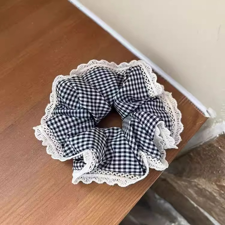 韩版氛围感蕾丝大肠发圈发饰韩系格子发绳芭蕾风马尾头花头绳|undefined