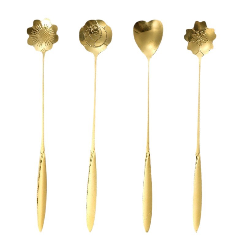 Colher de café em aço inoxidável com design criativo de ninho de pássaro, na cor dourada com sakura, ideal para mexer café._voghion.com