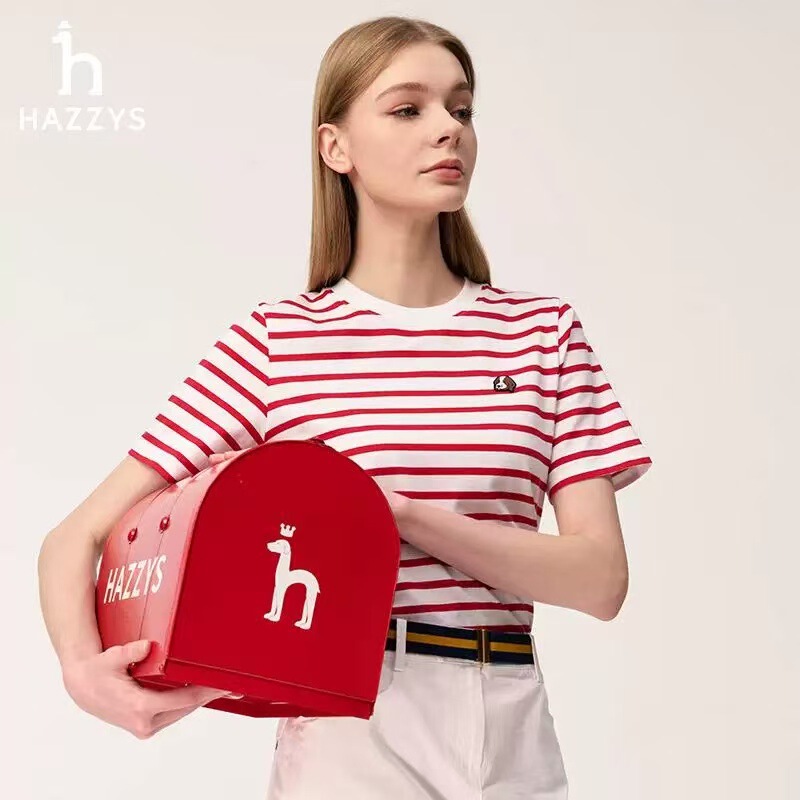 クロスボーダー Hazzys ハギス ストライプ ラウンドネック 半袖 Tシャツ レディース 2025 夏 新しいファッション シンプル カジュアル|undefined