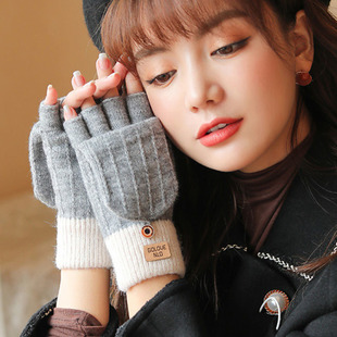 Cross-border half finger flip Korean style gloves winter women's cute fleece-lined cold-proof warm wool knitted autumn and winter open finger