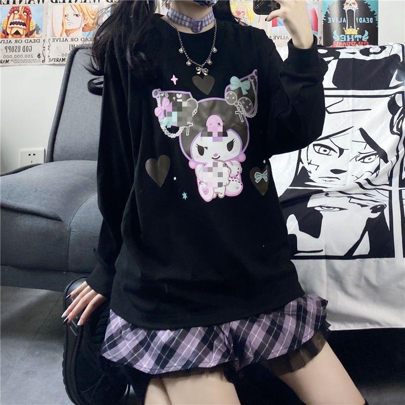 Cross-border Women's Autumn Korean-style ins College-style Cute Cartoon Printed Loose Black T-shirt JK Top for Students