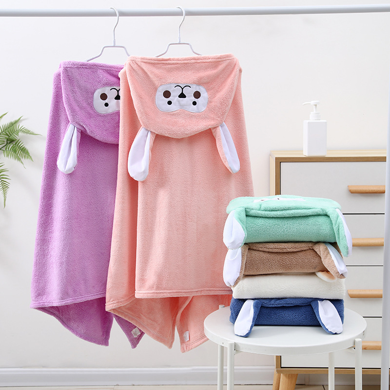 Thick Coral Fleece Hooded Cape Bath Towel with Cartoon Hood, Thick Absorbent Bathrobe That Doesn'T Shed Lint, Can Be Worn as a Wrap or Cape