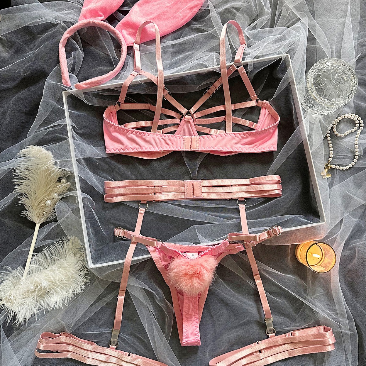 Women’S Clothing New Breast Revealing Outfit Sexy Hollow Bunny Girl Role Playing Erotic Lingerie Set 5 Piece Set_voghion.com