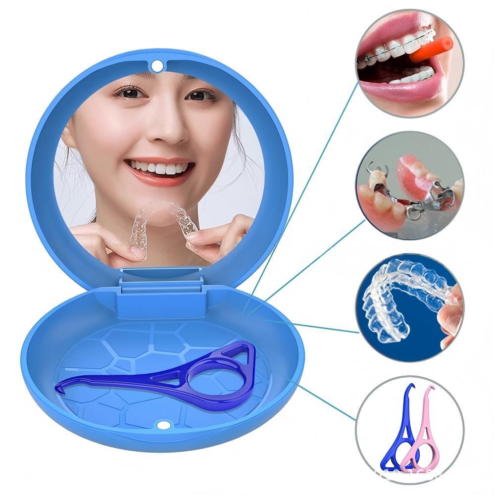 Estuche magnético portátil para guardar dentaduras postizas con espejo, retenedor de ortodoncia, estuche dental de plástico portátil para aparatos invisibles.