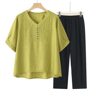 [Tencel Cotton and Linen] New Fashion Suit Women's Embroidered T-Shirt Middle-Aged and Old Fashion Mom Clothes Two-Piece Set