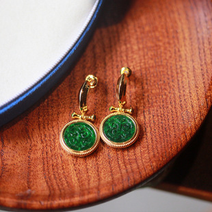Myanmar Natural Green Jade Dry Green Carved High-grade Atmospheric Earrings s925 Silver Gold Plated Inlaid Women