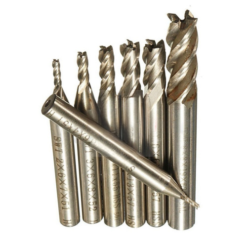 Set of 7 High-Speed Steel End Mills 4-Flute Straight Shank Milling Cutters, Imperial Milling Cutter Set
