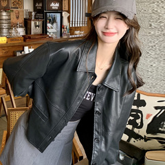 黑色小皮衣外套女秋2025新款高级感港风复古翻领炸街机车pu皮上衣
