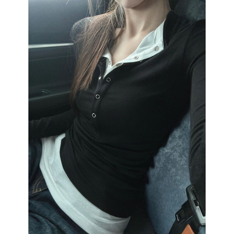 Autumn American Henry Collar Black Fake Two-Piece Long-Sleeved T-Shirt for Women in Autumn and Winter Design with Bottoming Shirt Slimming Look Top Autumn American Henry Collar Black Fake Two-Piece Long-Sleeved T-Shirt for Women in Autumn and Winter Design with Bottoming Shirt Slimming Look Top