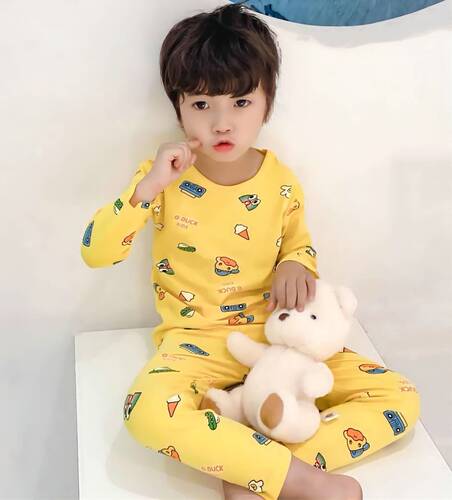 Little Yellow Duck Children's Lycra Cotton Autumn Clothes Set Boneless Boys and Girls Pajamas Baby Home Clothes Infant Clothes