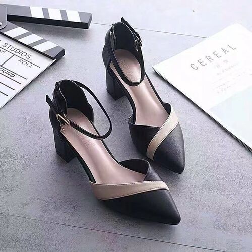 Women's  New Korean Style Spring Summer Flat Sandals with One Strap, Thick Heel, Medium Height, Versatile Color Block Pointed Toe High Heels