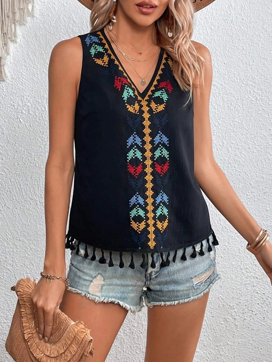 Top de Verano 2025 para Mujer, Estilo Étnico, Cuello en V, Bordado, con Parches y Flecos, para Venta Transfronteriza en Amazon Europeo y Americano