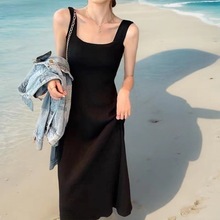 KANING黑色打底针织吊带连衣裙2024夏新款韩版背心裙气质收腰长裙