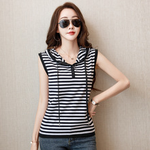 2025夏季新款条纹带帽无袖T恤女修身显瘦棉连帽洋气减龄女士上衣