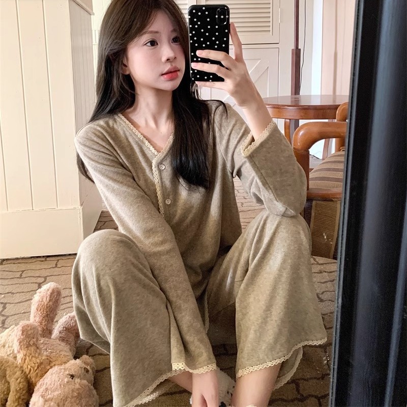 春秋季高级感少女甜美蕾丝花边长袖长裤睡衣女学生宿舍家居服套装
