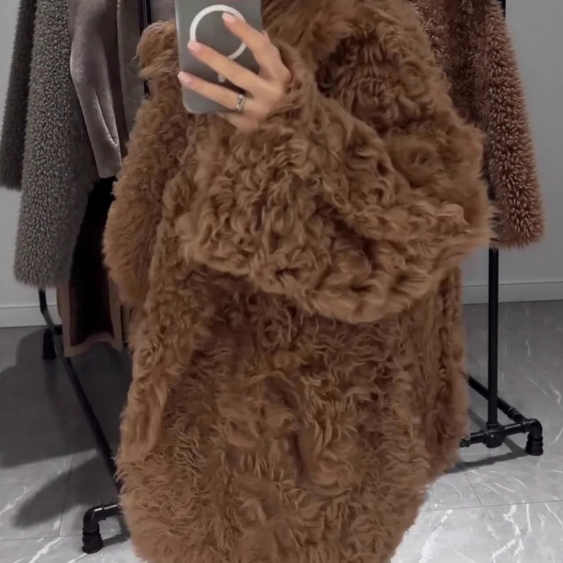 Cross-Border Warm Brown Teddy Curly Plush Loose Lazy Style Thickened Warm Imitation Lamb Wool Autumn and Winter Cardigan Jacket