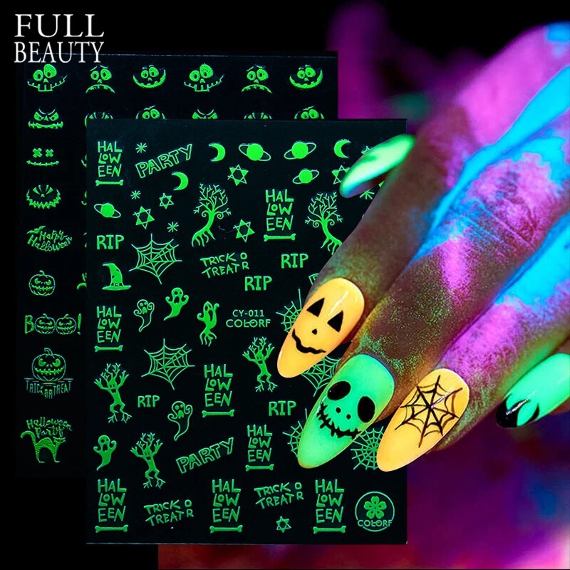 2021 New nail Art Adhesive Sticker Luminous Halloween Series Pumpkin Kid English nail Decal nail