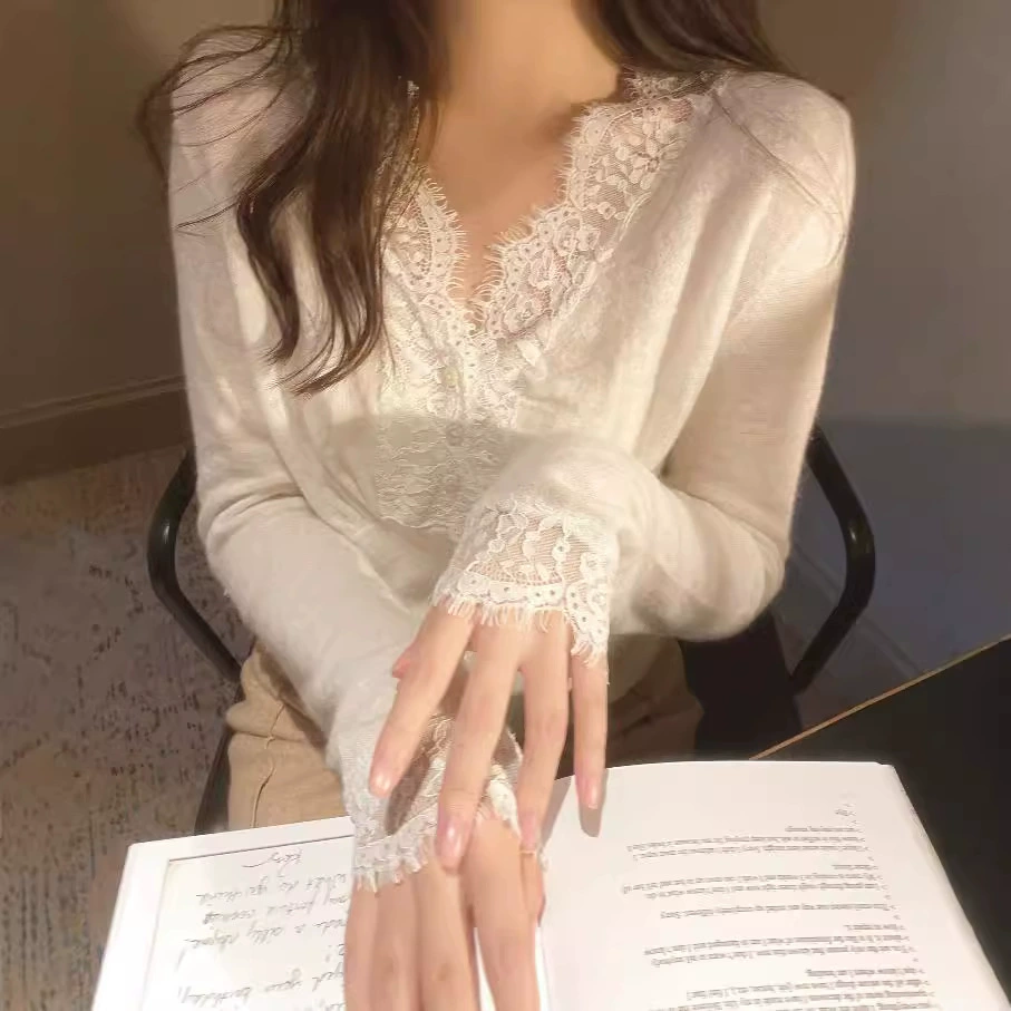 Нежный стильный вязаный кардиган с длинными рукавами для женщин, весна-осень 2021, новый модный кружевной тонкий повседневный топ с v-образным вырезом, модный