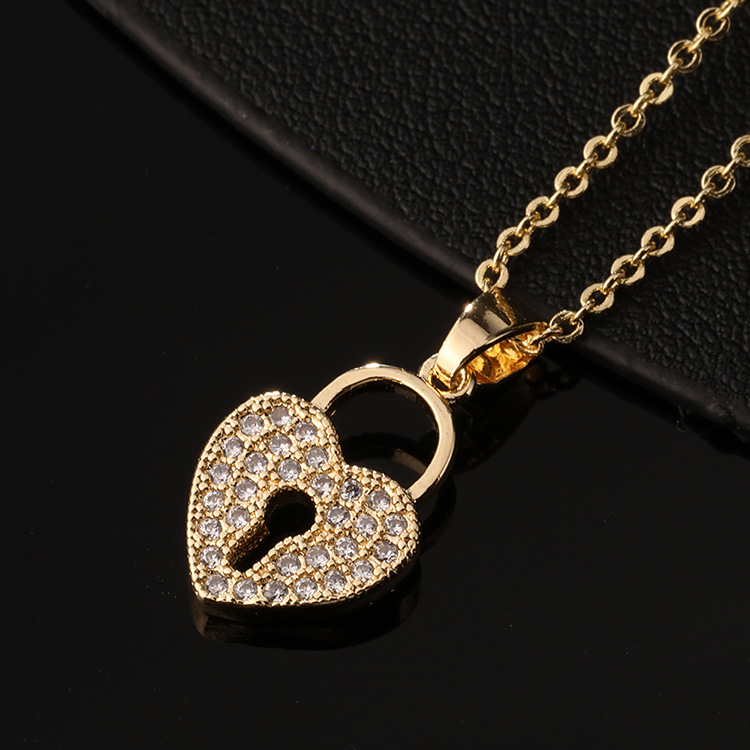 Lady Heart Shape Lock Copper Inlay Zircon Pendant Necklace 1 Piece