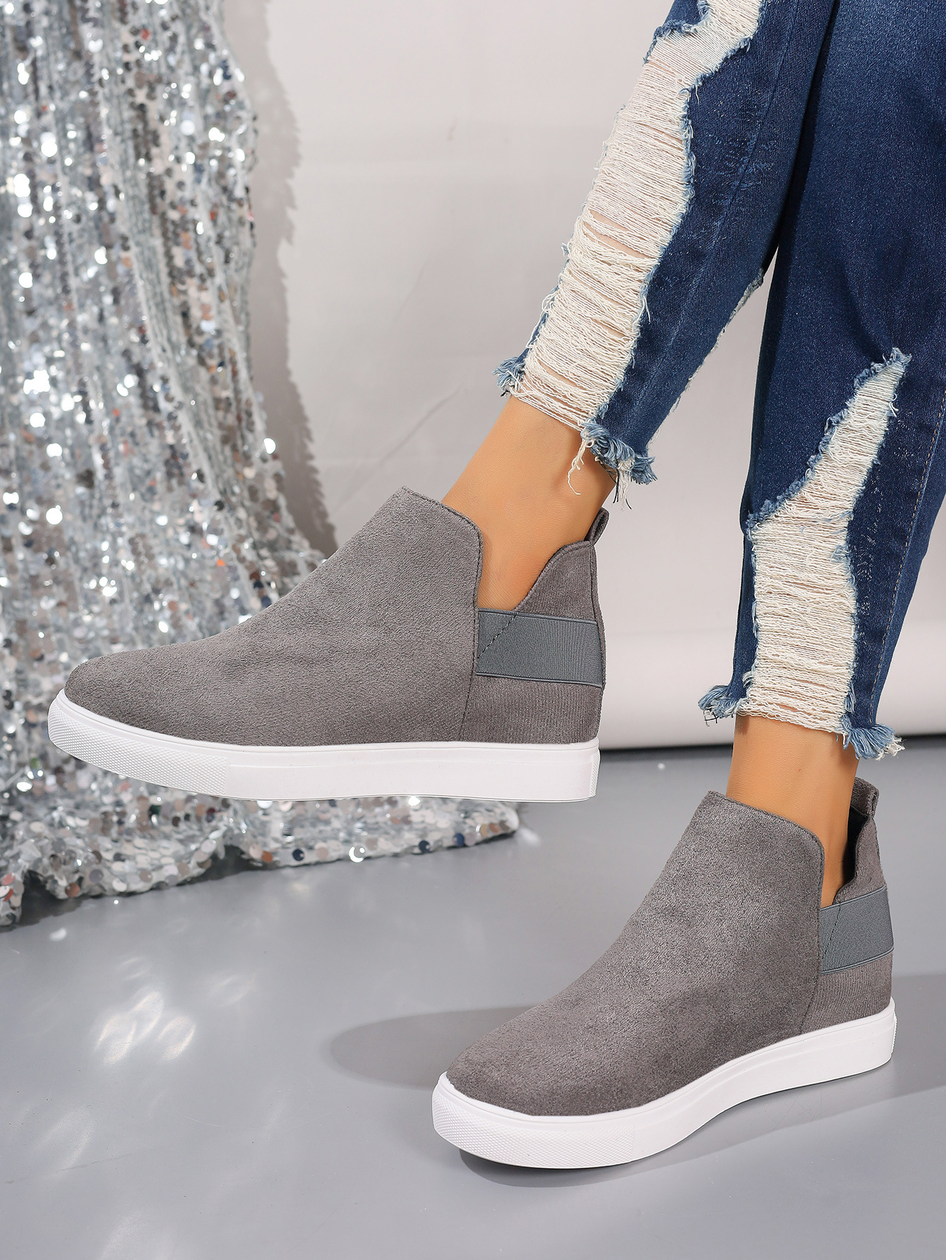 Large size women's shoes flat inside increase elastic casual sports shoes flat single shoes_voghion.com